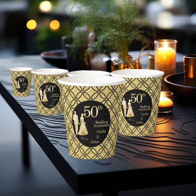 Gobelets En Papier 50e Couple d'or Parties scintillant Mariage Annive (Créateur téléchargé)