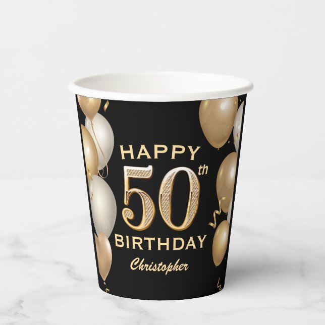Gobelets En Papier 50e fête d'anniversaire Ballons noirs et or (Recto)