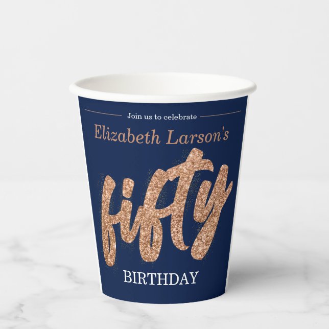 Gobelets En Papier 50e fête d'anniversaire Modern Gold & Blue | Cinqu (Recto)