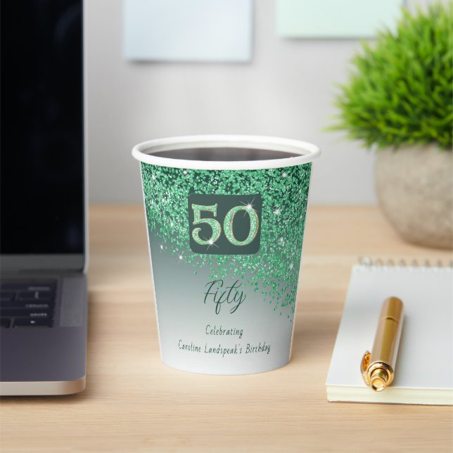 Gobelets En Papier 50th Birthday Party Gleaming Green Glitter (Insitu)