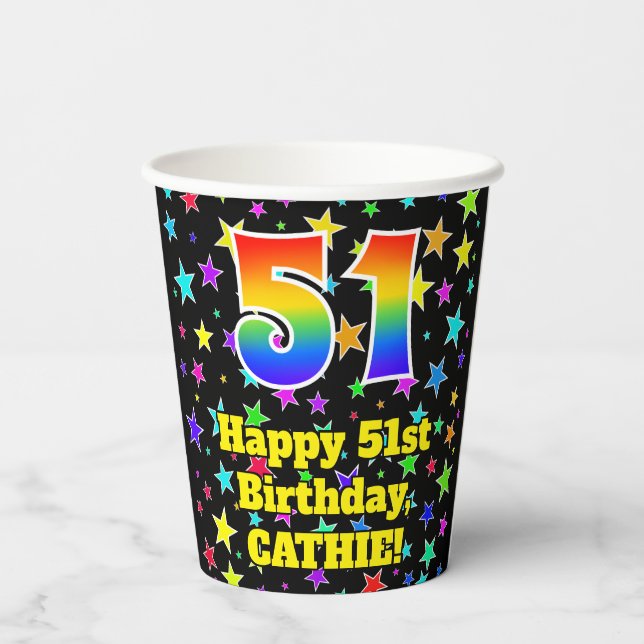 Gobelets En Papier 51st Birthday: Fun Stars Pattern and Rainbow 51 (Verso)