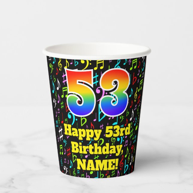 Gobelets En Papier 53e anniversaire : Fun Music Notes Motif, Rainbow  (Verso)