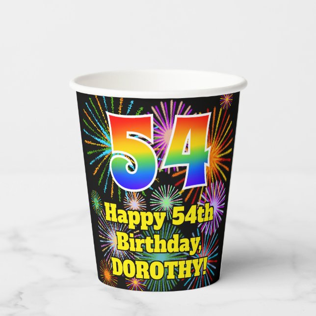 Gobelets En Papier 54ème anniversaire : Fun Fireworks Motif + Rainbow (Verso)