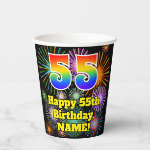 Gobelets En Papier 55ème anniversaire : Fun Fireworks Motif + Rainbow