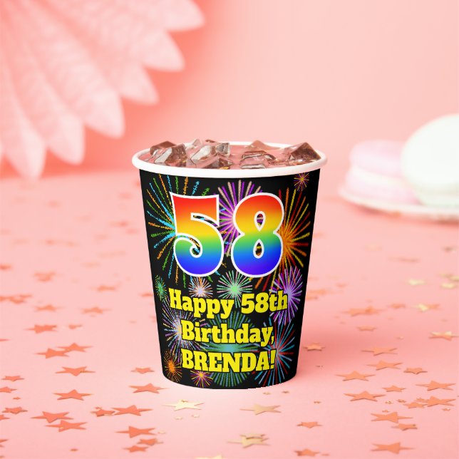 Gobelets En Papier 58e anniversaire : Fun Fireworks Motif + Rainbow 5 (Insitu)