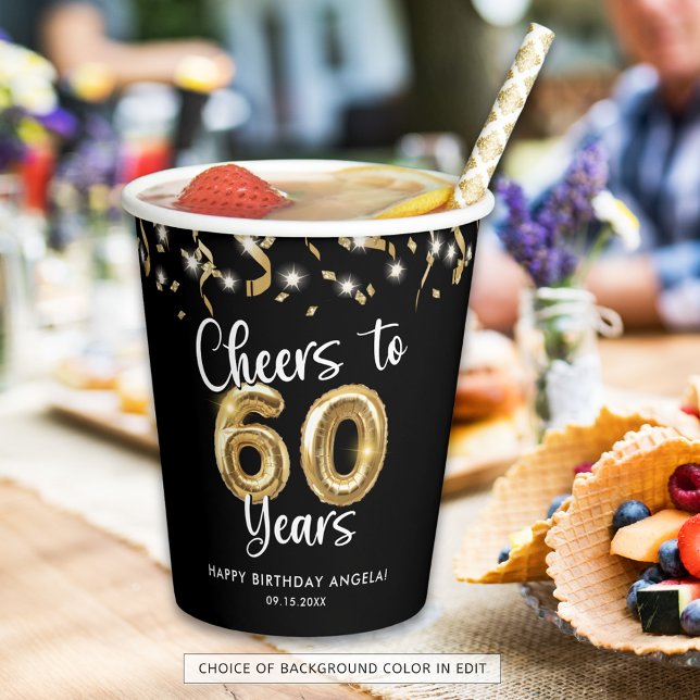 Gobelets En Papier 60e anniversaire Cheers to 60 ans Black Gold Paper (Créateur téléchargé)