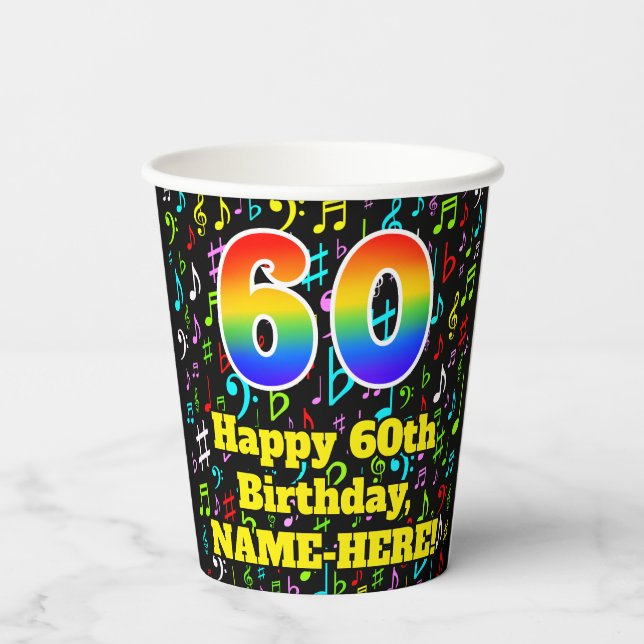 Gobelets En Papier 60e anniversaire : Fun Music Notes Motif, Rainbow  (Verso)