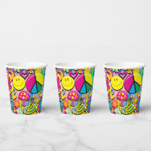 Gobelets En Papier 60's Soixante Colorful Flower Power Anniversaire f