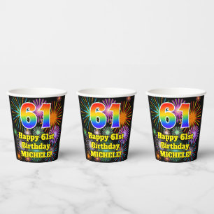Gobelets En Papier 61e anniversaire : Motif Fun Fireworks + Arc-en-ci