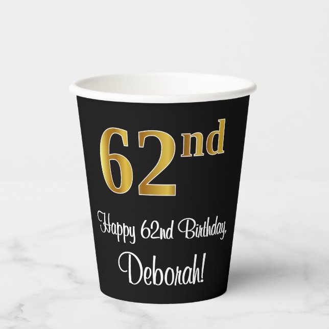Gobelets En Papier 62e anniversaire - Elégant luxe Faux Gold Look # (Recto)
