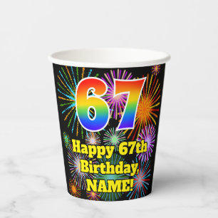 Gobelets En Papier 67ème anniversaire : Fun Fireworks Motif + Rainbow