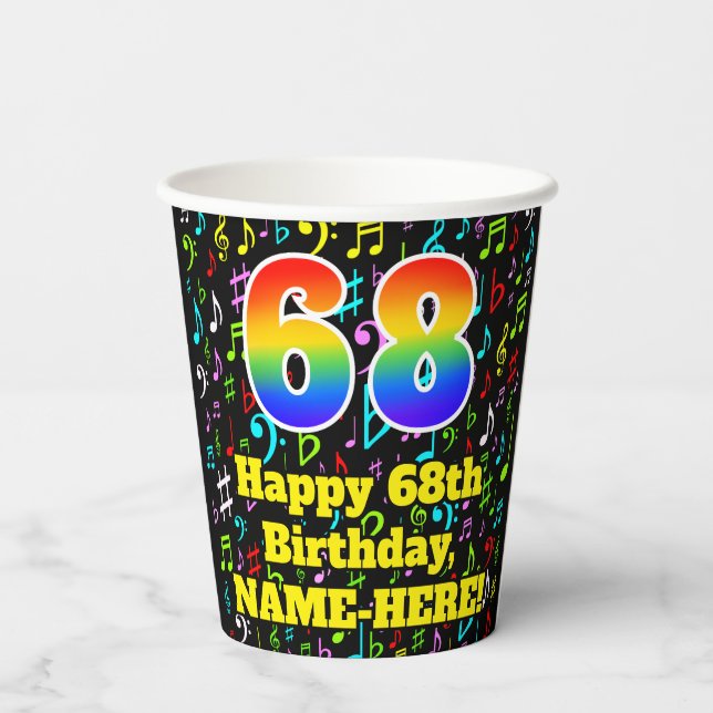 Gobelets En Papier 68e anniversaire : Fun Music Notes Motif, Arc-en-c (Verso)