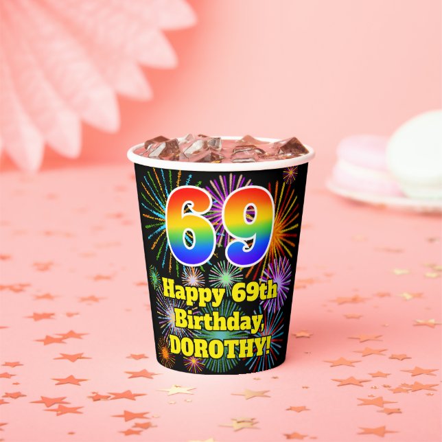 Gobelets En Papier 69e anniversaire : Fun Fireworks Motif + Rainbow 6 (Insitu)