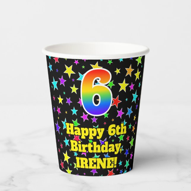 Gobelets En Papier 6e anniversaire : Fun Stars Motif et Rainbow 6 (Verso)