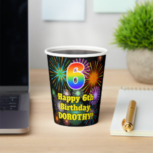 Gobelets En Papier 6ème anniversaire : Fun Motif Fireworks + Rainbow 