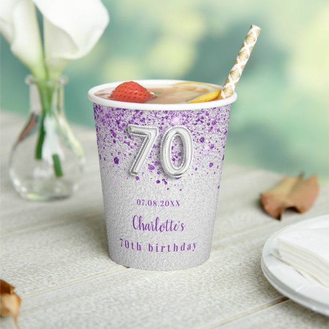 Gobelets En Papier 70e anniversaire argent violet nom de parties scin (Insitu)