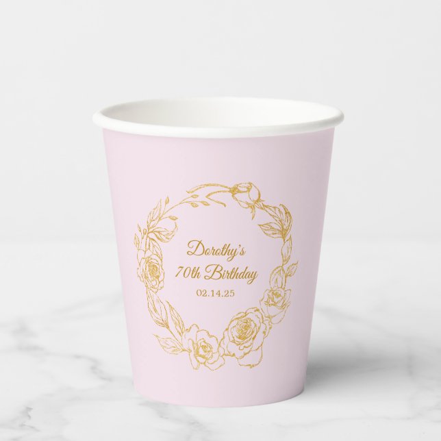 Gobelets En Papier 70e fête d'anniversaire Luxe Gold Rose Rose (Recto)