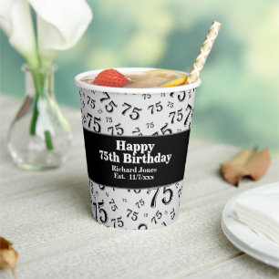 Gobelets En Papier 75e Joyeux anniversaire noir/blanc Motif numériqu