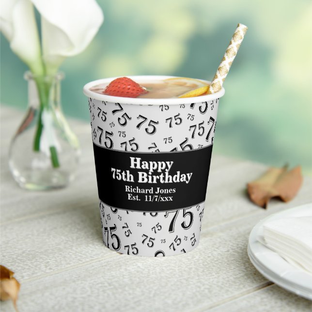 Gobelets En Papier 75e Joyeux anniversaire noir/blanc Motif numérique (Insitu)