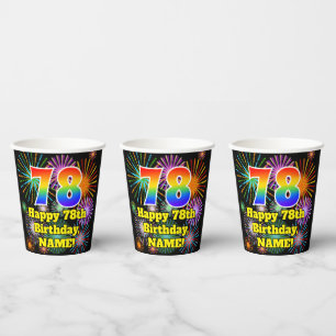 Gobelets En Papier 78e anniversaire : Fun Motif Fireworks + Rainbow 7