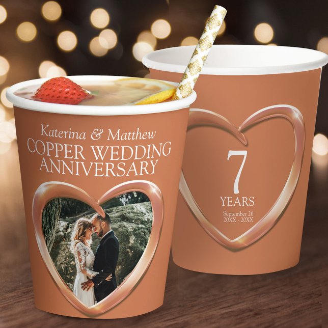 Gobelets En Papier 7e anniversaire du Mariage de cuivre photo du coeu (Créateur téléchargé)