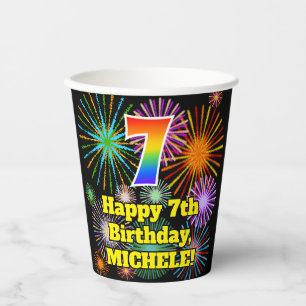 Gobelets En Papier 7e anniversaire : motif de feux d'artifice amusant