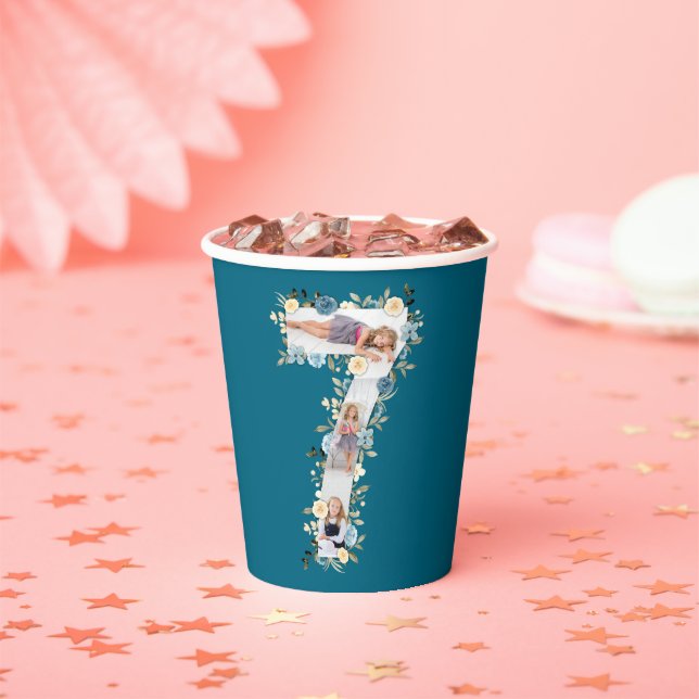Gobelets En Papier 7e anniversaire Turquoise photo Collage bleu jaune (Insitu)