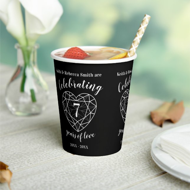 Gobelets En Papier 7e Mariage Anniversaire coeur ligne noir onyx (Insitu)