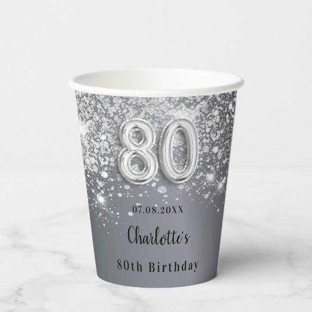 Gobelets En Papier 80e anniversaire argent parties scintillant nom mo (Verso)