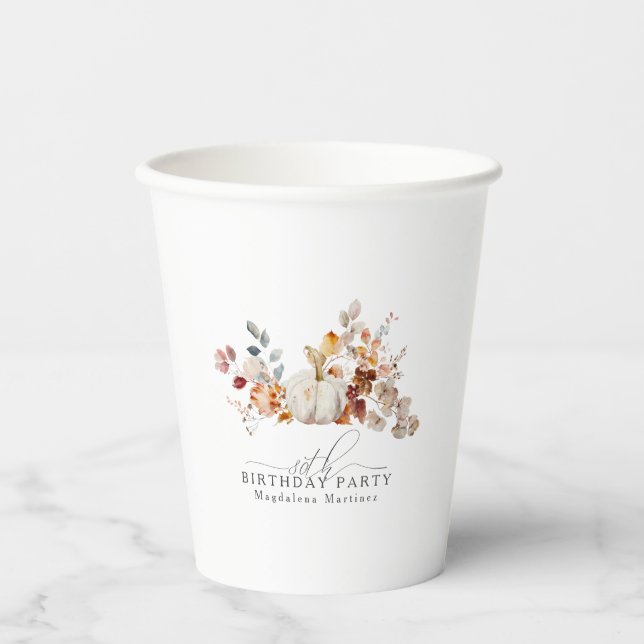 Gobelets En Papier 80e anniversaire Citrouille blanc fleurs d'automne (Recto)