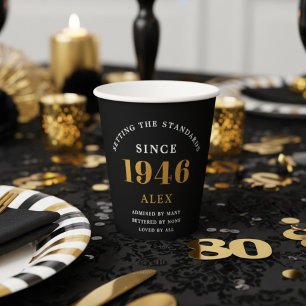 Gobelets En Papier 80e anniversaire Nom 1944 Black Gold Elegant Chic