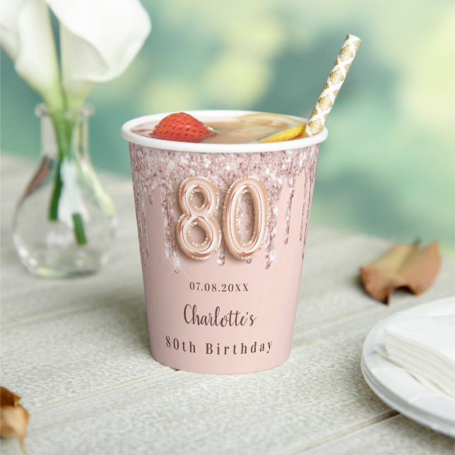 Gobelets En Papier 80e anniversaire rose gouttes d'or monogramme (Insitu)
