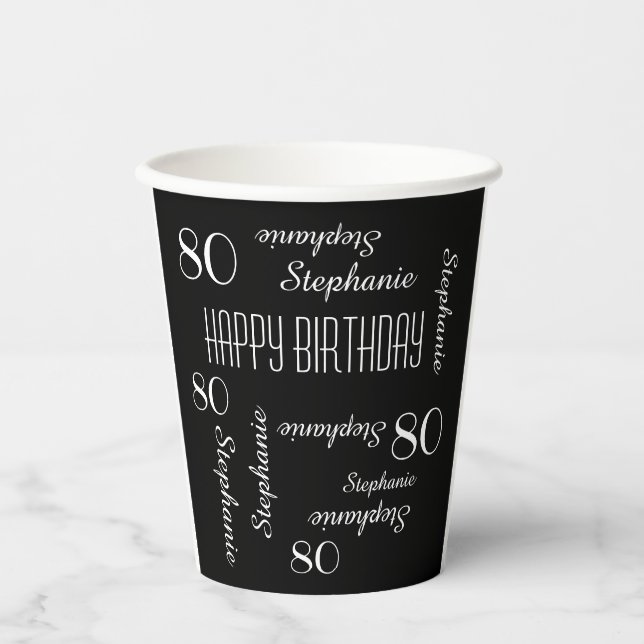 Gobelets En Papier 80e fête d'anniversaire répétée Noms noir blanc (Recto)