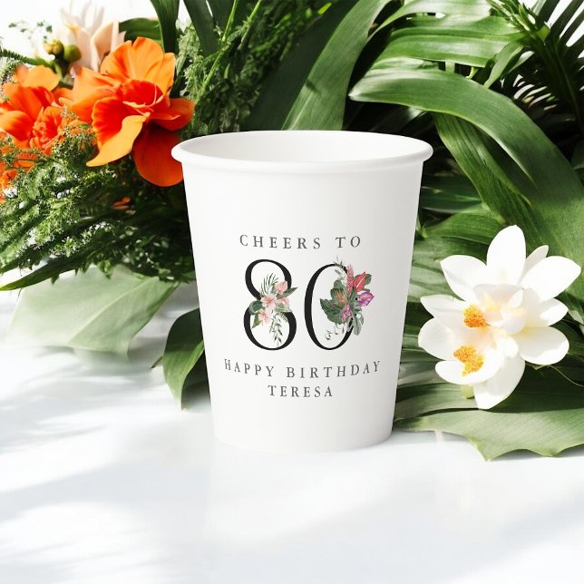 Gobelets En Papier 80th Birthday Cheers with Name Tropical Floral (Créateur téléchargé)