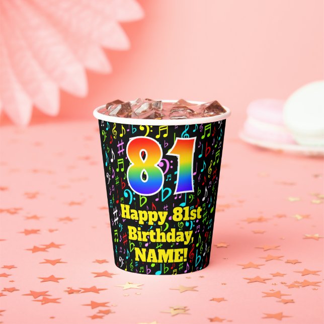 Gobelets En Papier 81e anniversaire : Fun Music Notes Motif, Rainbow  (Insitu)