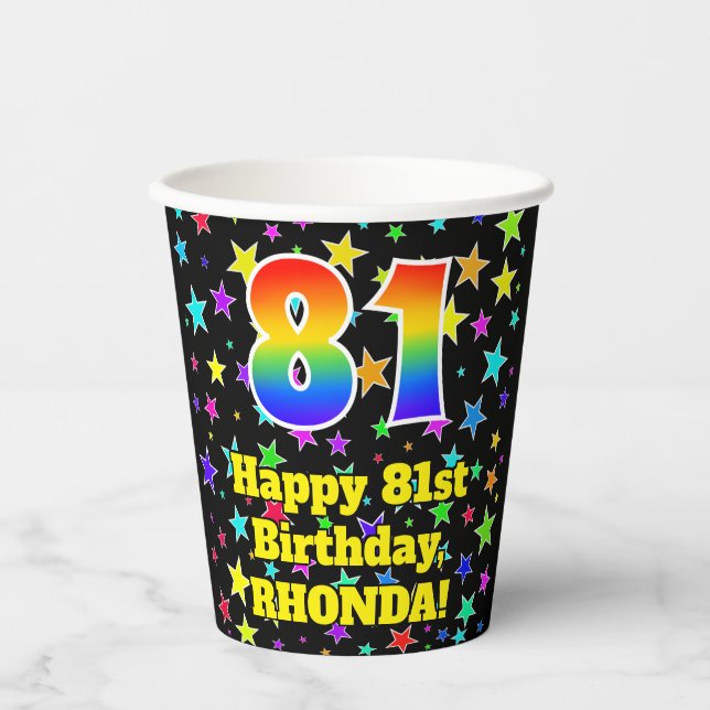 Gobelets En Papier 81e anniversaire : Fun Stars Motif et Rainbow 81 (Recto)