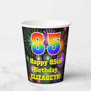 Gobelets En Papier 85e anniversaire : Fun Motif Fireworks + Arc-en-ci