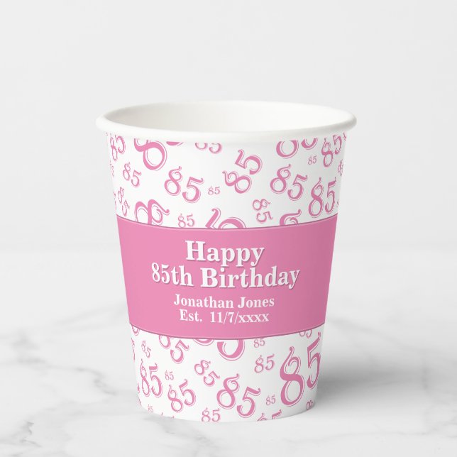 Gobelets En Papier 85e anniversaire Pink/White Random Number Motif 85 (Recto)