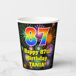 Gobelets En Papier 87ème anniversaire : Fun Fireworks Motif + Rainbow