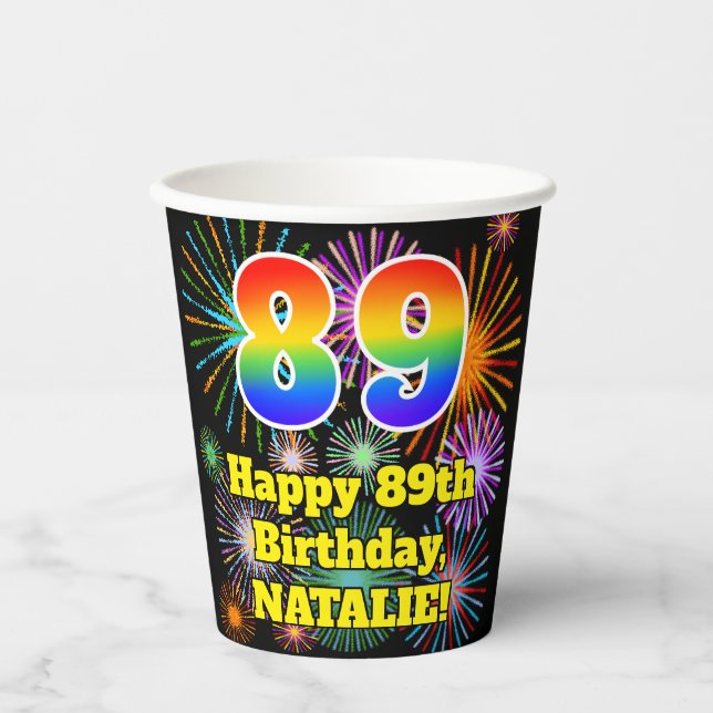 Gobelets En Papier 89ème anniversaire : Fun Fireworks Motif + Rainbow (Recto)