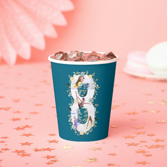 Gobelets En Papier 8e anniversaire Photo Collage Turquoise bleu jaune (Insitu)