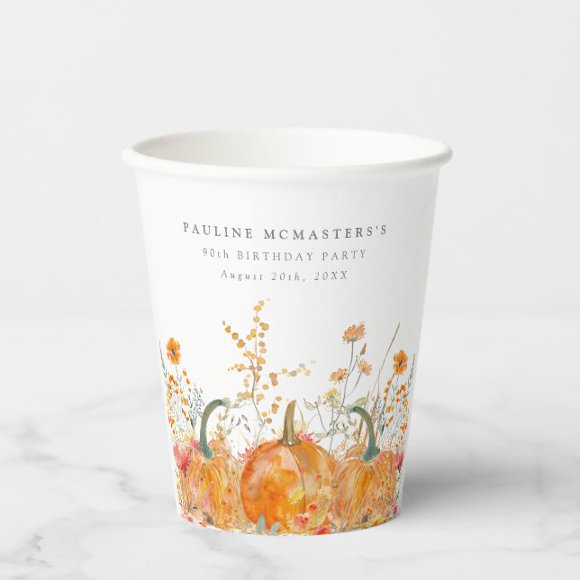 Gobelets En Papier 90e anniversaire Citrouille Fleur sauvage personna (Recto)