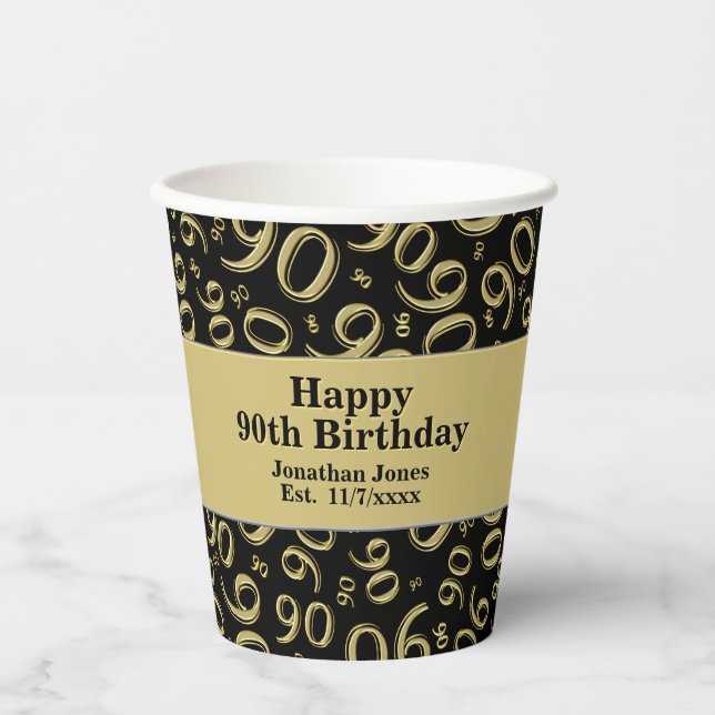 Gobelets En Papier 90e anniversaire Noir/Or Random Numéro Motif 90 (Recto)