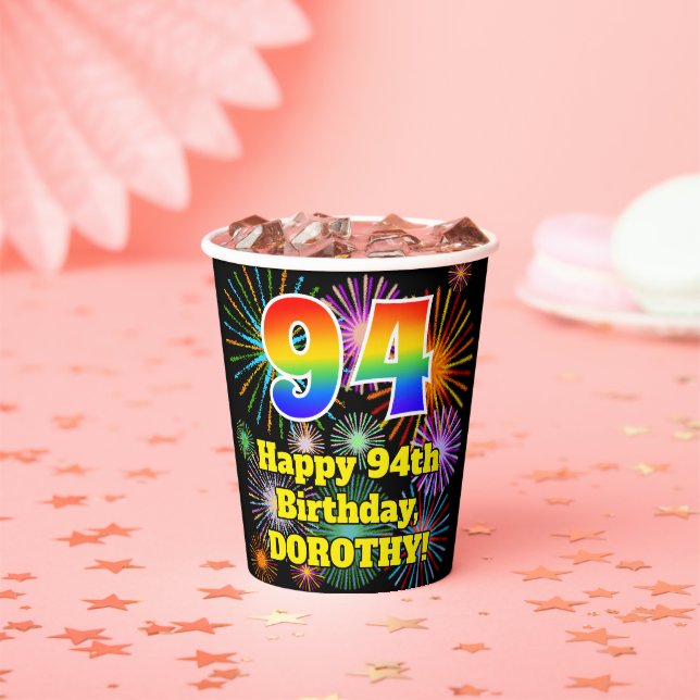 Gobelets En Papier 94e anniversaire : Fun Fireworks Motif + Rainbow 9 (Insitu)