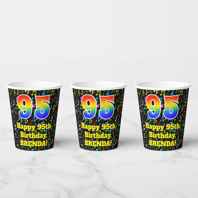 Gobelets En Papier 95e anniversaire : Fun Music Notes Motif, Rainbow  (Multi)