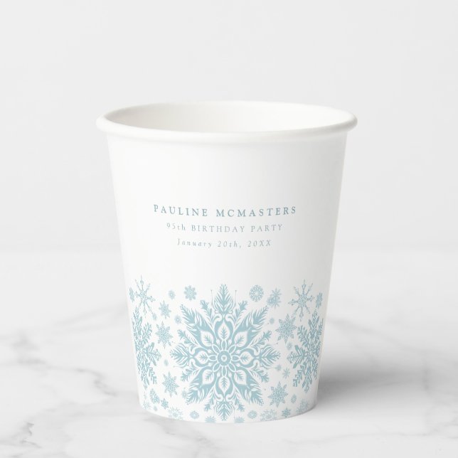 Gobelets En Papier 95e fête d'anniversaire Blue White Snowflake Custo (Recto)