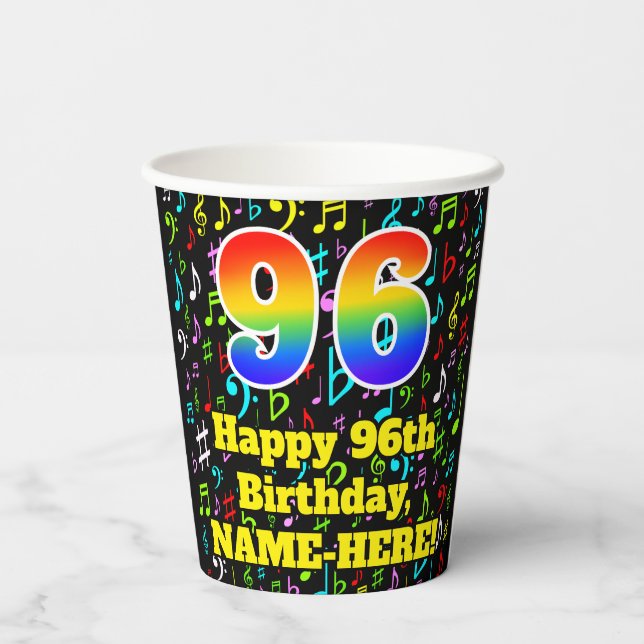 Gobelets En Papier 96e anniversaire : Fun Music Notes Motif, Rainbow  (Verso)