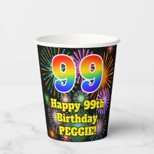 Gobelets En Papier 99e anniversaire : Fun Motif Fireworks + Rainbow 9