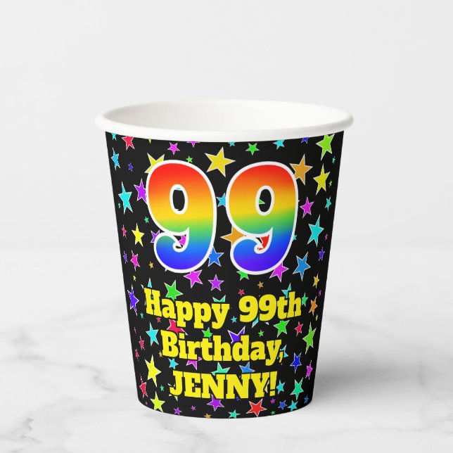 Gobelets En Papier 99e anniversaire : Fun Stars Motif et Rainbow 99 (Recto)
