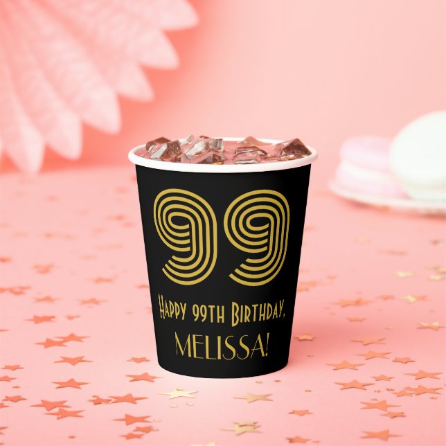 Gobelets En Papier 99th Birthday: Art Deco Inspired Look “99” & Name (Insitu)
